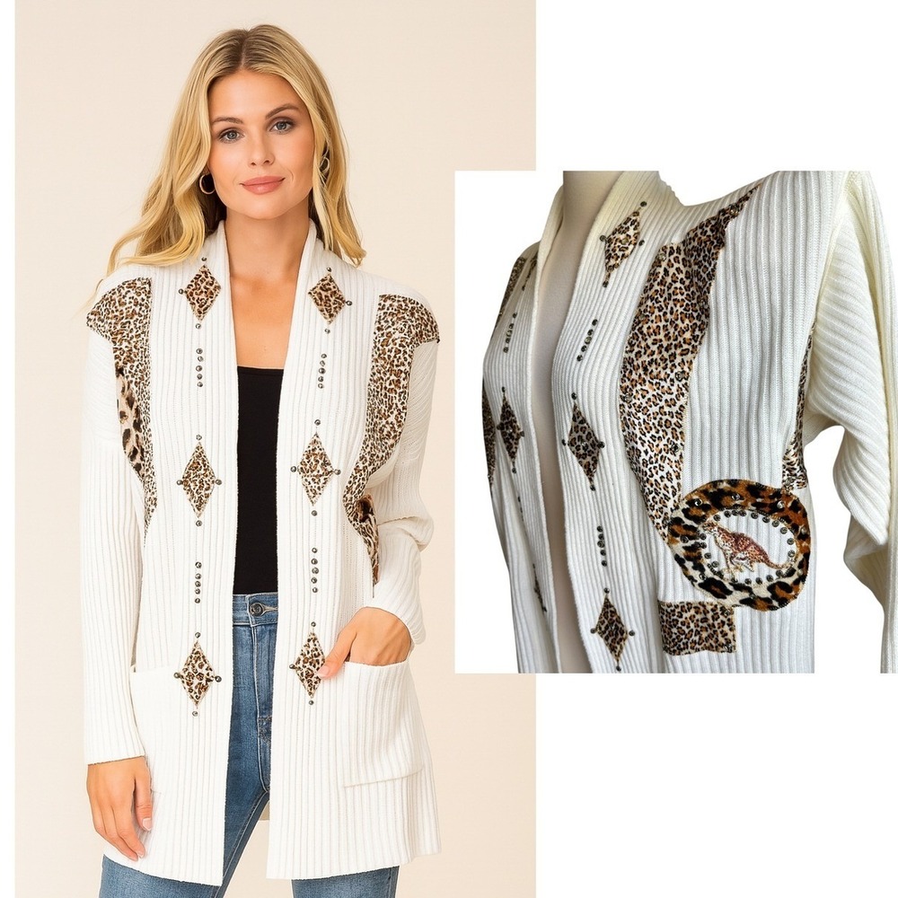 Vintage Focus USA Leopard Applique Cardigan OS‎ Open Front Statement Maximalism